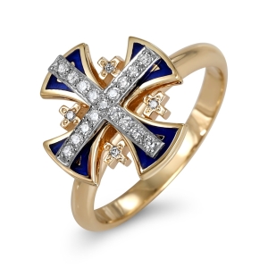 Women’s Flared Jerusalem Cross Ring with 21 Diamonds in 14K Yellow Gold and Blue Enamel
