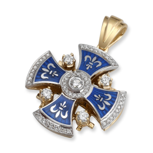 Rounded Fleur-de-Lis Jerusalem Cross Pendant Necklace with 57 Diamonds and Blue Enamel in 14K Gold 