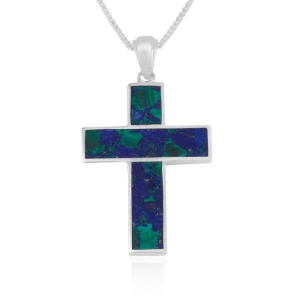 Large Geometric Latin Cross Necklace with Azurite Inlay in 925 Sterling Silver