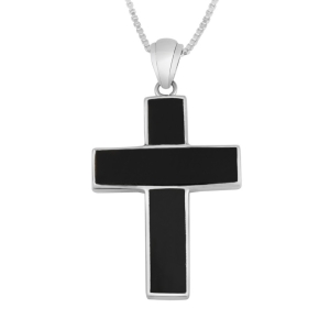 Large Geometric Latin Cross Necklace with Onyx Inlay in 925 Sterling Silver