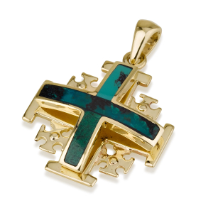 Layered Jerusalem Cross Pendant Necklace with Eilat Stone in 14K Yellow or White Gold