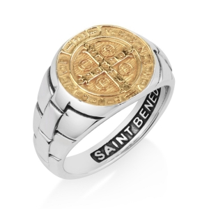 Men's 925 Sterling Silver and 18K Gold-Plated Saint Benedict Cross Signet Ring