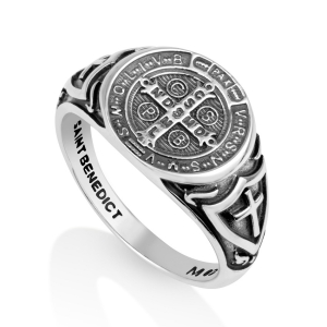 Men's 925 Sterling Silver Cross Signet Ring with Saint Benedict Medal and Shield Motifs