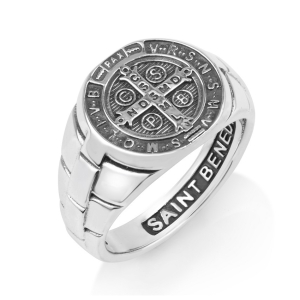 Men's Saint Benedict Medal Cross Signet Ring in 925 Sterling Silver