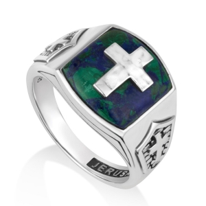 Men's 925 Sterling Silver and Azurite Latin-Cross Signet Ring with 'Shields of Faith' Crests