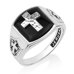 Men's 925 Sterling Silver Cross Signet Ring with Black Onyx and Crest Motifs