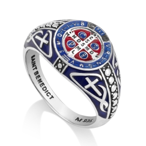 Men's Decorative 925 Sterling Silver Saint Benedict Cross Signet Ring with Blue and Red Enamel