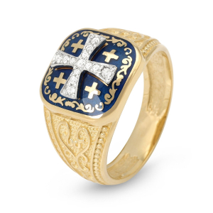 Men’s Ornate Jerusalem Cross Ring with Pavé Diamonds in 14K Yellow Gold and Blue Enamel