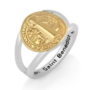 Men's Saint Benedict Medal Ring in 925 Sterling Silver and 18K Gold Plating