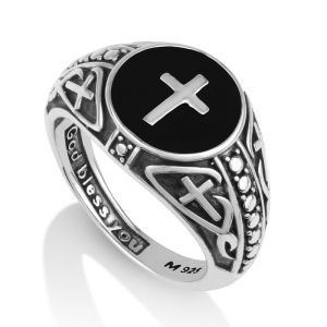 Men's 925 Sterling Silver Cross Signet Ring with Black Enamel and Celtic-Inspired Band Motif