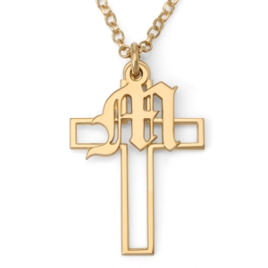 Latin Cross Necklace with Custom Gothic Initial Charm in 925 Sterling Silver or 24K Gold Plating