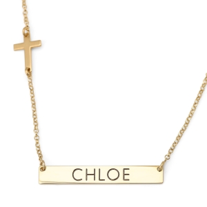 Custom Name Bar Cross Necklace in 925 Sterling Silver or 24K Gold Plating