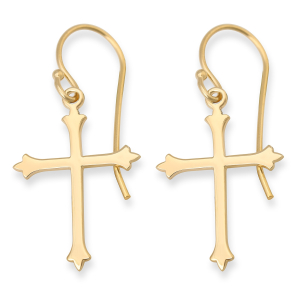 Fleur-de-lis Dangle Cross Earrings in 925 Silver or 24K Gold Plating