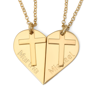 Couple's Split-Heart Custom Name Cross Necklace in Sterling Silver or Gold Plating
