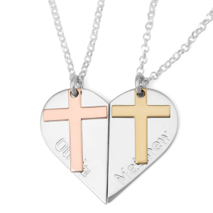 Three-Tone Split-Heart Custom Name Couples Cross Necklace in 925 Sterling Silver 