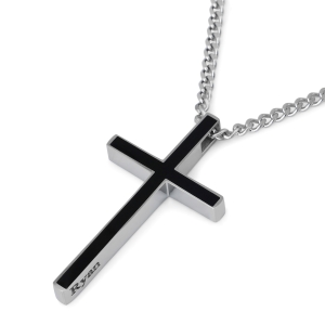 Men's Custom Name Cross Necklace in Stainless Steel and Black Enamel 