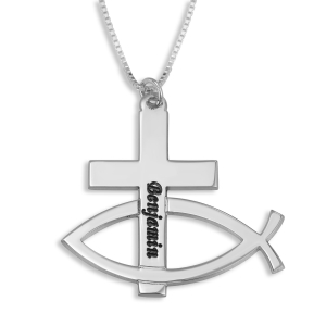 Custom Name Ichthys and Cross Necklace in 925 Sterling Silver or 24K Gold Plating