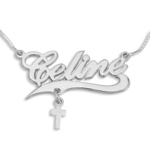 Custom Name Cross Necklace with Flourish and Little Cross Charm in 925 Sterling Silver or 24K Gold Plating