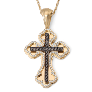 Orthodox Cross Pendant Necklace with 26 Black Diamonds and 121 White Diamonds in 14K Yellow Gold