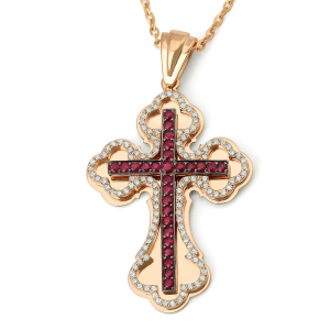 Orthodox Cross Pendant Necklace with 27 Rubies and 120 Diamonds in 14K Gold