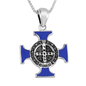 925 Sterling Silver Saint Benedict Greek Cross Necklace with Blue Enamel