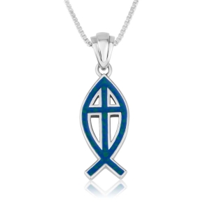 Ichthys and Cross Necklace in 925 Sterling Silver and Blue-Green Flecked Enamel