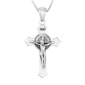 Saint Benedict Crucifix Cross Necklace in Sterling Silver