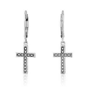Leverback Dangle Latin Cross Earrings in 925 Sterling Silver with studded design