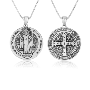  Engraved Saint Benedict Medal Cross Necklace in 925 Sterling Silver