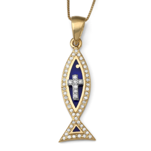 Women's Ichthys Fish Cross Pendant Necklace with 53 Diamonds in 14K Yellow Gold and Blue Enamel