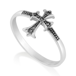 Women's 925 Sterling Silver Fleur-de-Lis Cross Ring with Marcasite