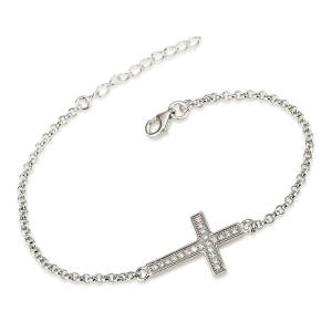 Latin Cross Bracelet with Channel Set Cubic Zirconia Stones in Rhodium Plated 925 Sterling Silver