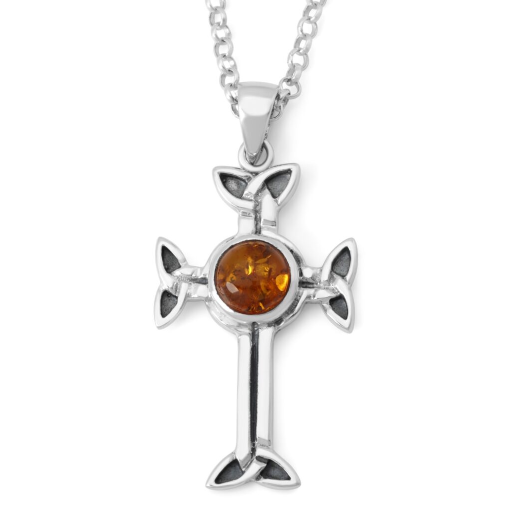925 Sterling Silver Celtic Cross Necklace with Trinity Knot Arms and Amber