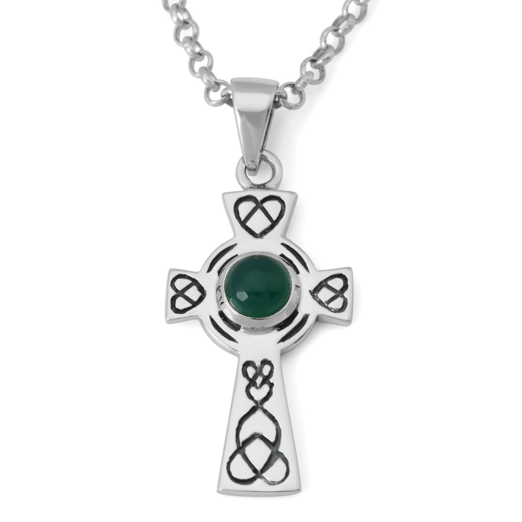 925 Sterling Silver Celtic Cross Necklace with Heart Celtic Knots and Agate