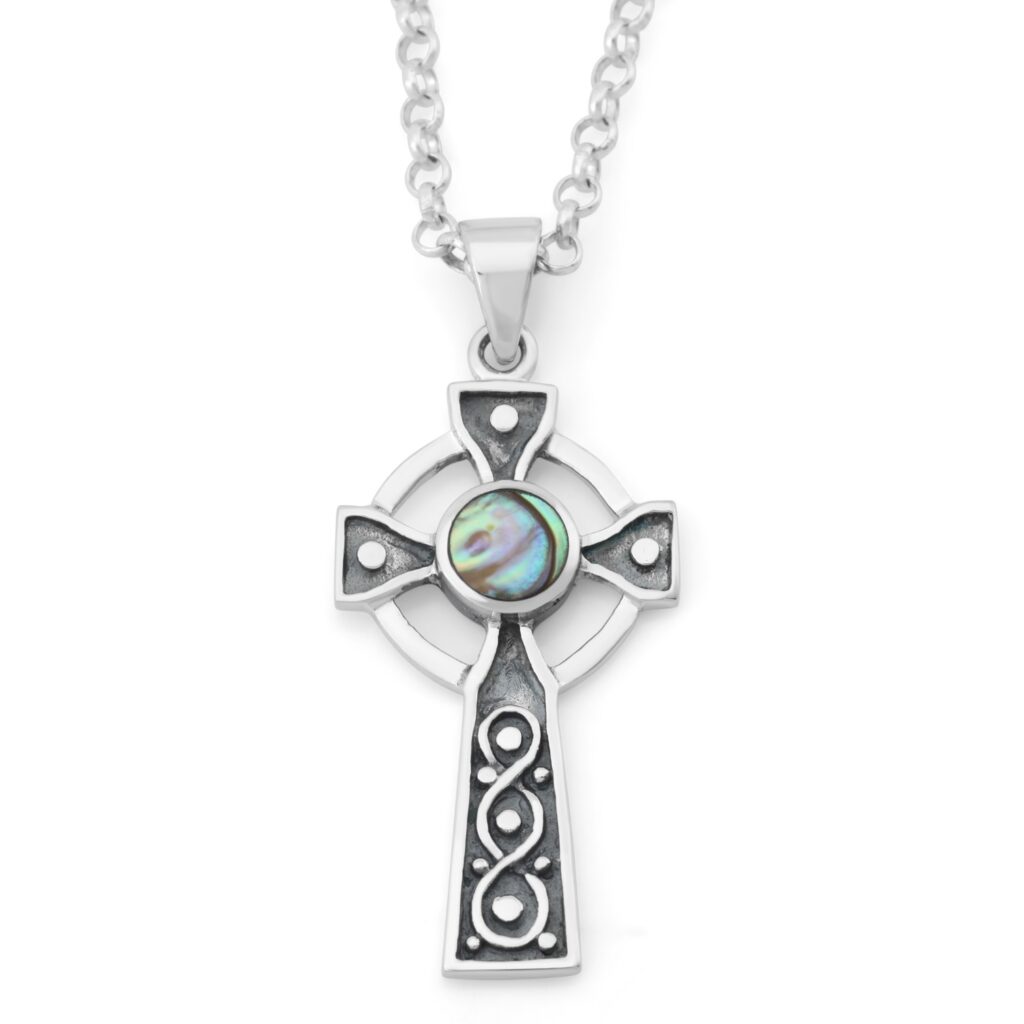 925 Sterling Silver Celtic Cross Necklace with Abalone