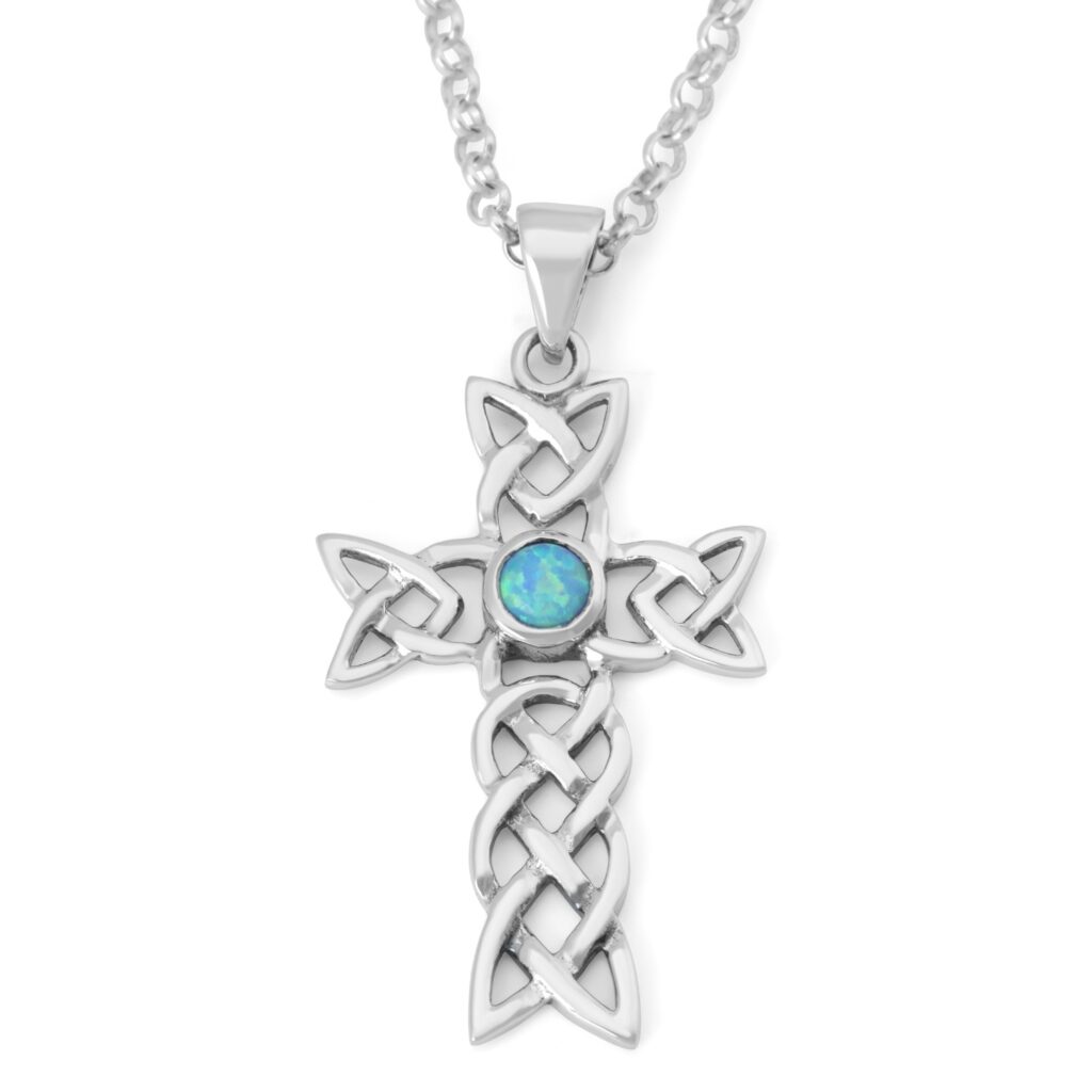 Linked Trinity Knot Celtic Cross Necklace in 925 Sterling Silver with Opal
