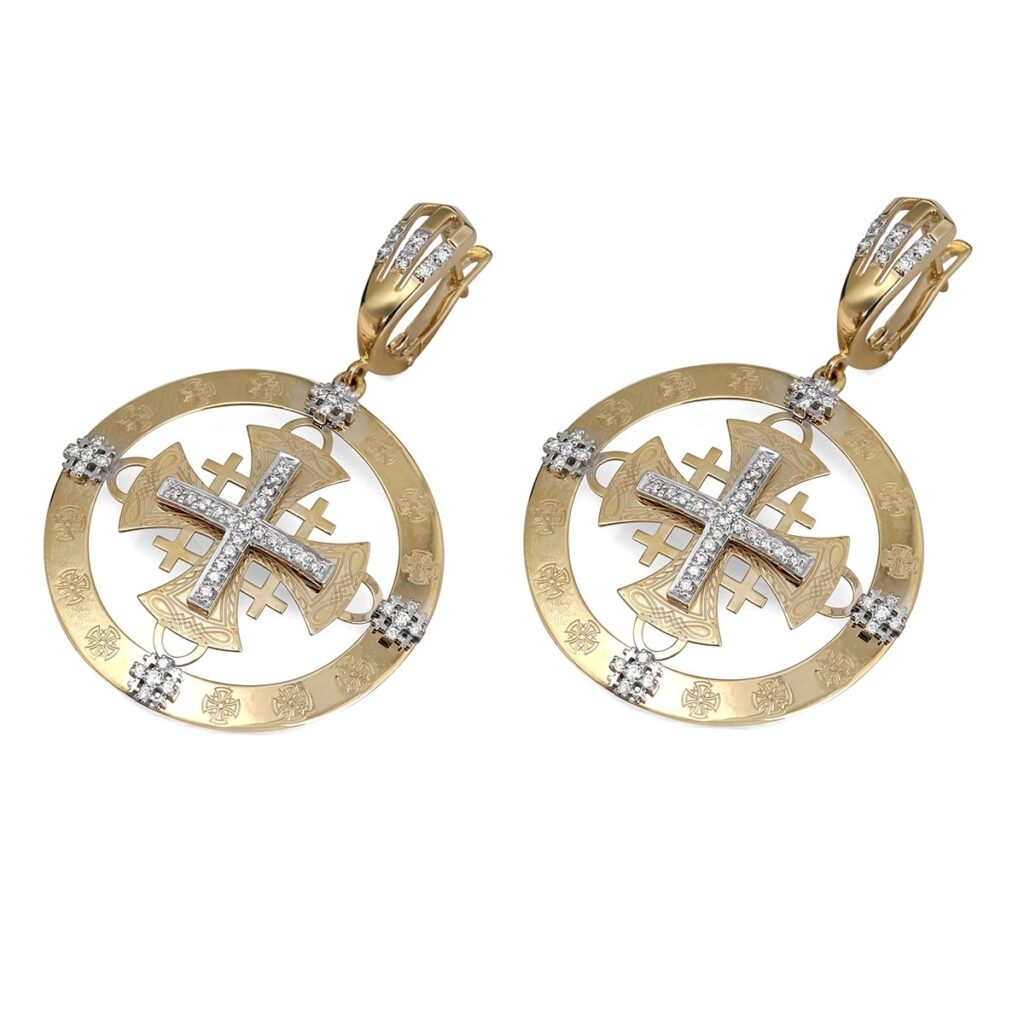 Deluxe 14K Gold Round Jerusalem Cross Earrings with Celtic Knots and 94 Diamonds