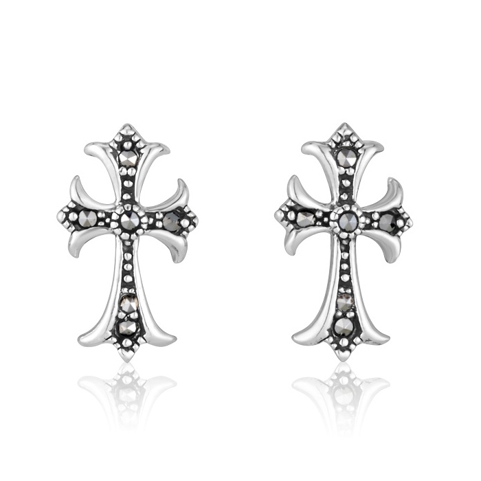 Sterling Silver Fleur-de-Lis Cross Stud Earrings with Marcasite