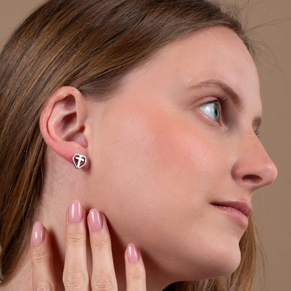Cross-in-Heart 925 Sterling Silver Polished Stud Cross Earrings