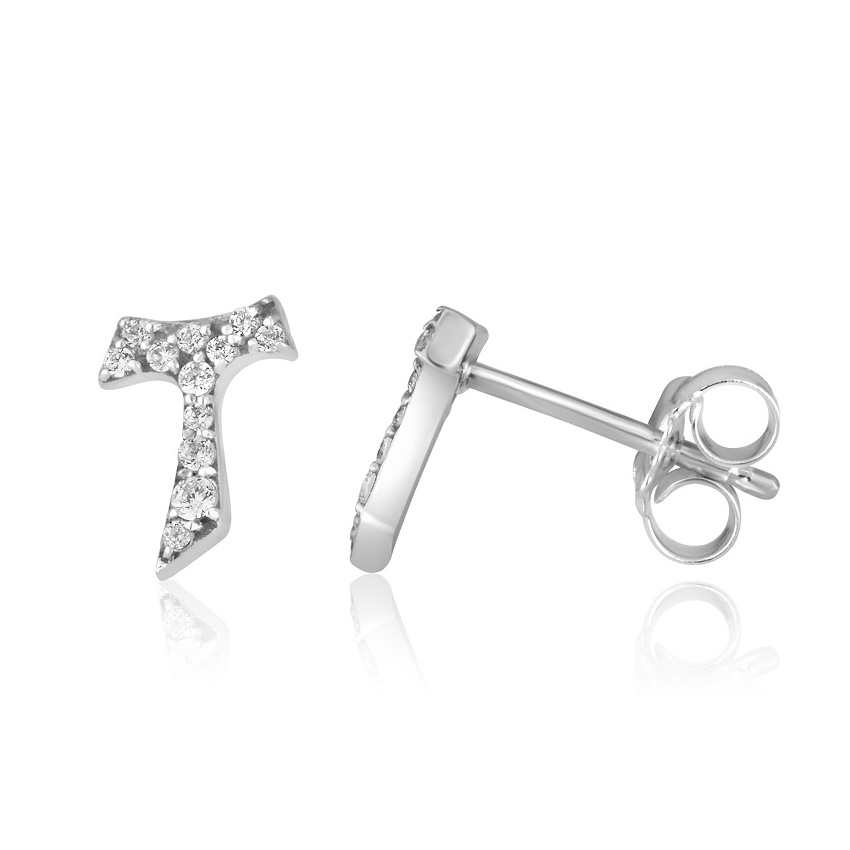 Stud Tau Cross Earrings with Zircons in 925 Sterling Silver