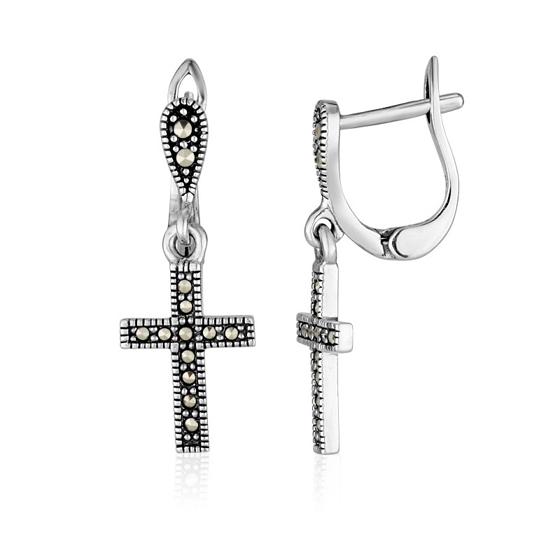 Vintage-Style Marcasite Cross Drop Earrings in 925 Sterling Silver
