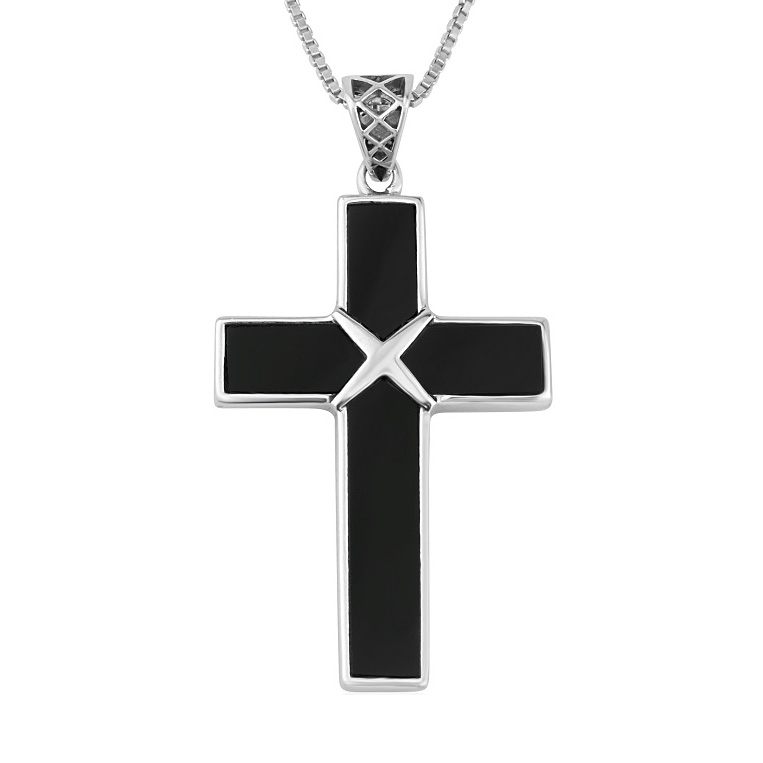 MyCross 925 Sterling Silver and Onyx Latin Cross Necklace with Saltire Centerpiece