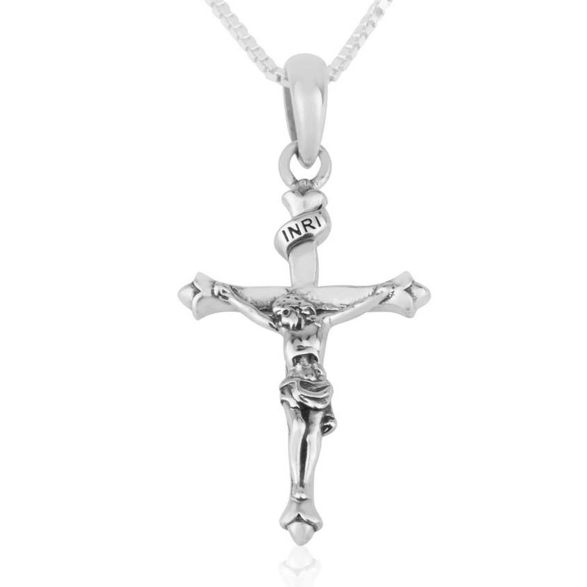 925 Sterling Silver Budded Crucifix Cross Necklace with INRI
