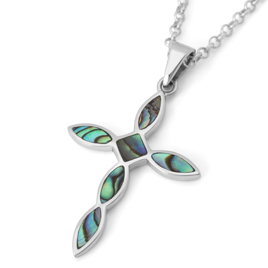 925 Sterling Silver Cross Necklace with Geometric Petal Design - Choice of Gemstone