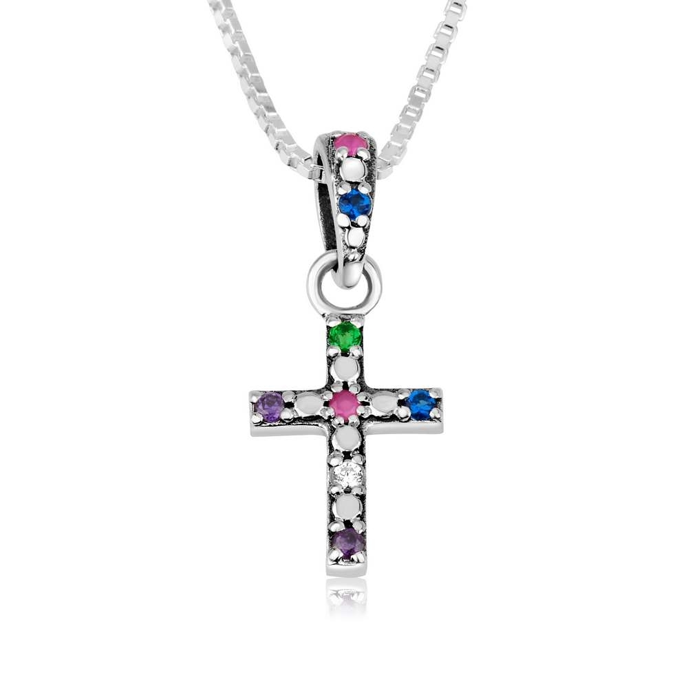 925 Sterling Silver Women’s Latin Cross Necklace with Multicolored Gemstones