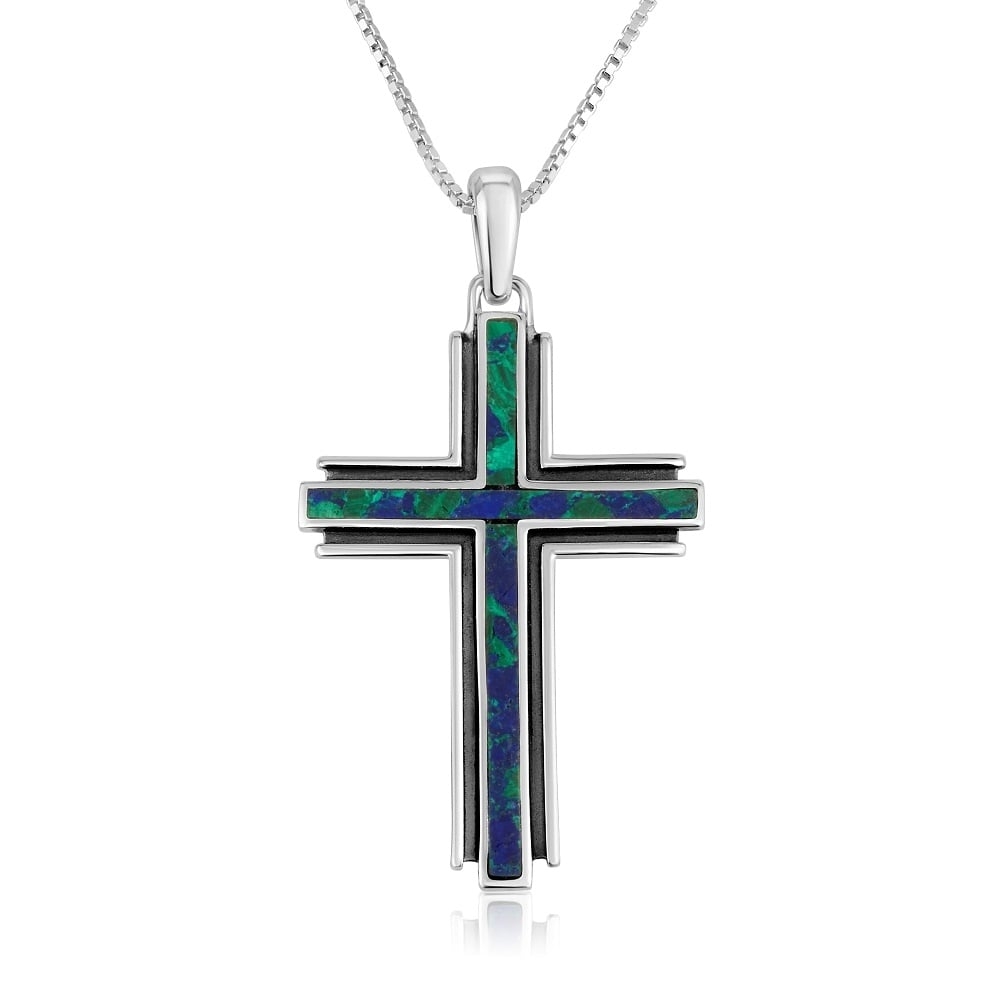MyCross Large Modern Design Latin Cross Necklace in 925 Sterling Silver and Azurite Stone