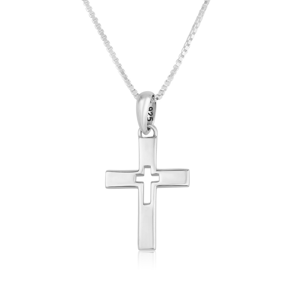 Double Cut-Out Latin Cross Necklace in 925 Sterling Silver - Unisex