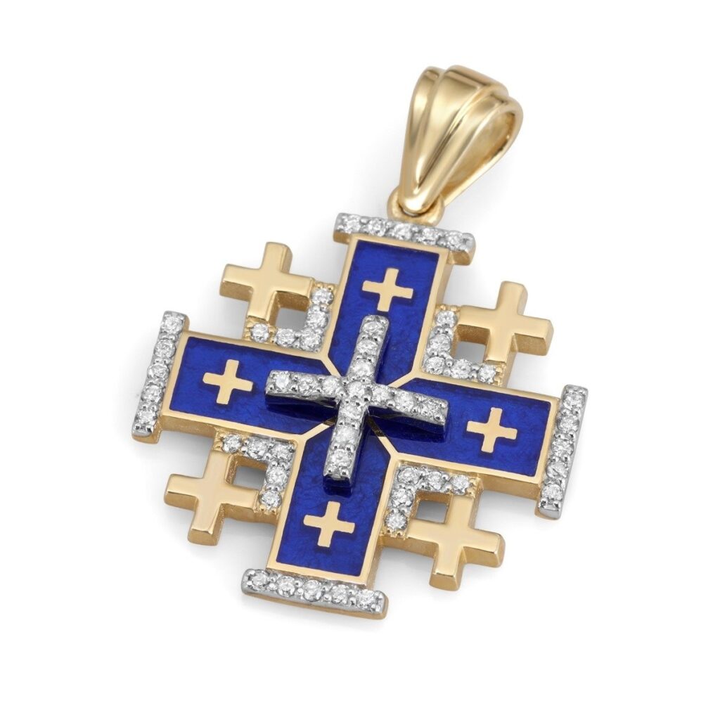 Classic Jerusalem Cross Pendant Necklace with 53 Diamonds and Blue Enamel in 14K Gold