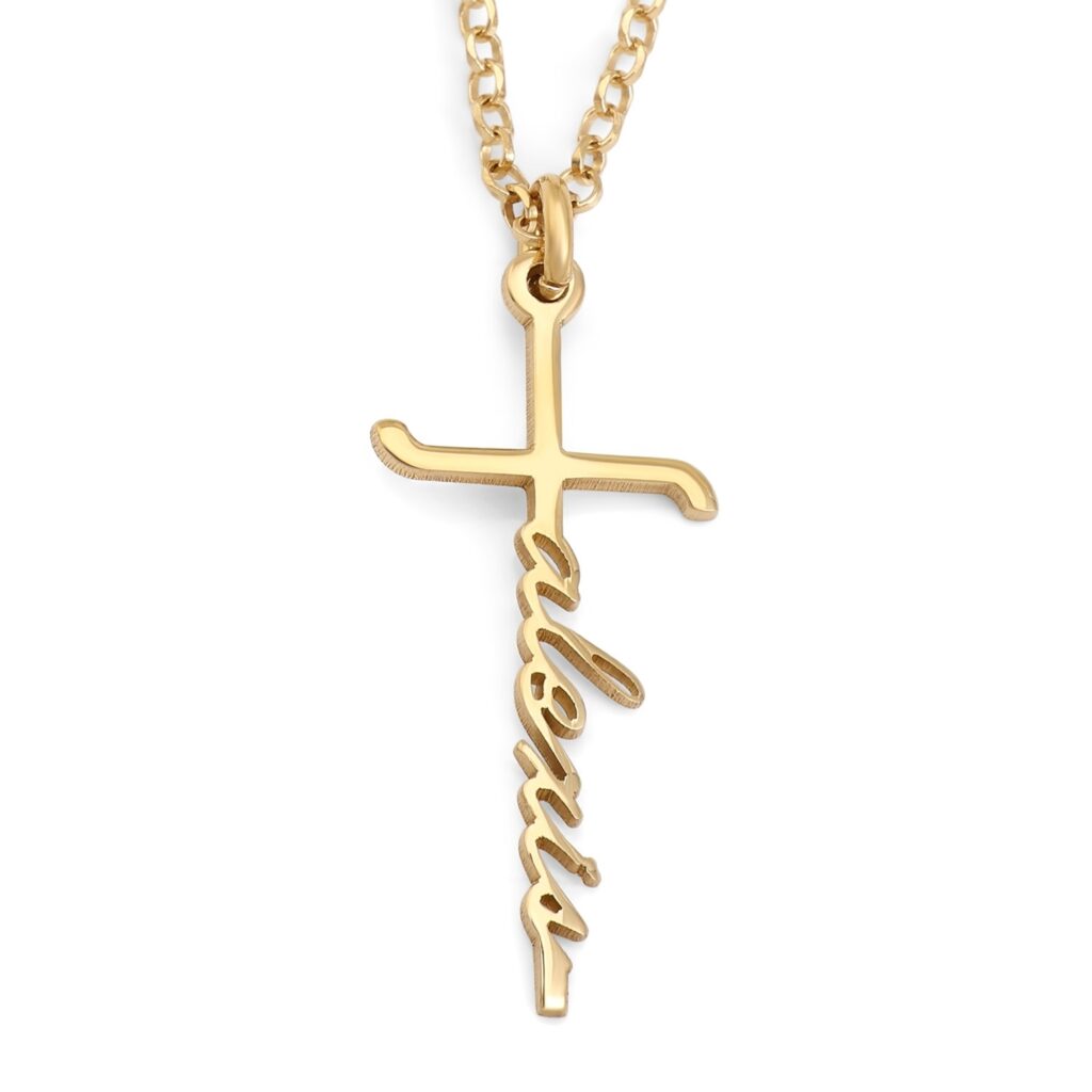 Women's Custom Name Script Cross Necklace in 925 Sterling Silver or 24K Gold Plating