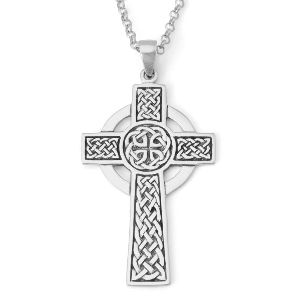 Large Men's Celtic Cross Necklace in 925 Sterling Silver with Celtic Knotwork